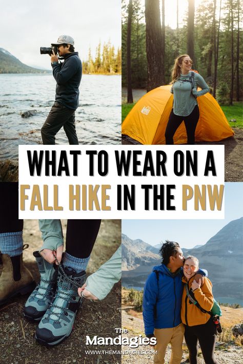 Hiking in the fall is one of our absolute favorite times in the Pacific Northwest. The moody fog is rolling in, it's not too hot, and the trails are less crowded! Even better, are all the cozy layers you can choose for fall hiking outfits! Our guide covers exactly what to wear hiking in the fall, from gear, accessories, clothing, and shoes. Let's get started! Hiking Pnw Outfit, Pnw Outfit Fall, Oregon Hiking Outfit, Portland Oregon Outfits September, Pacific Northwest Hiking Outfits, Oregon Fall Outfits, Washington Hiking Outfit, What To Wear In Portland Oregon Fall, Pnw Packing List Summer