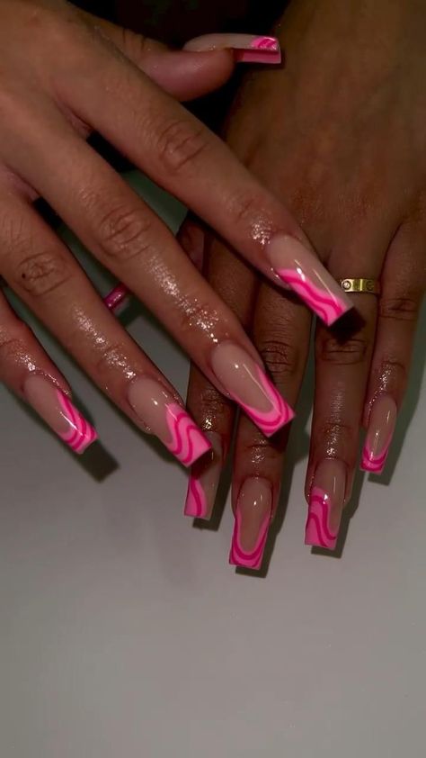 Nails Design In Pink, 2023 Gel X Nails, Pink Tip Design Nails, Hot Pink Nails With Design Coffin, Hot Pink Nails Inspiration, Nail Design Inspiration Summer, Pink Line Work Nails, Trendy Birthday Nails 2023, Pink Cute Nail Designs