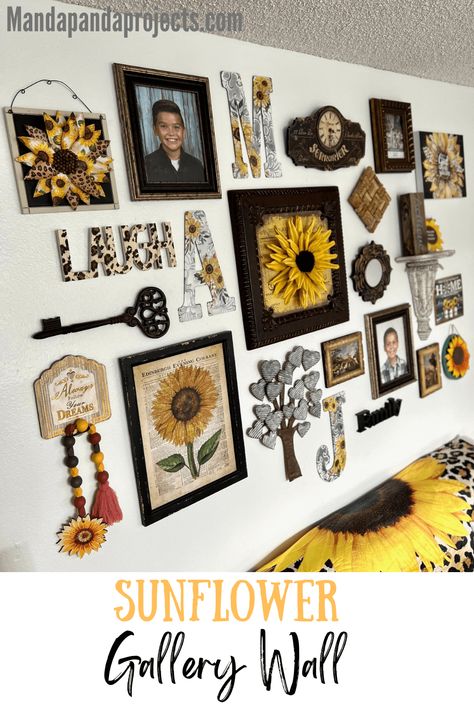 Sunflower Office Decor Ideas, Sunflower Accent Wall, Sunflower Kitchen Decor Diy, Sunflower Living Room Ideas, Sunflower Themed Kitchen, Sunflower Home Decor, Kitchen Gallery Wall, Sunflower Wall Decor, Sunflower Kitchen Decor