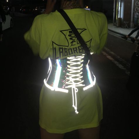 SRY but is yer C0RSET 🌟glow in the dark⚡️AND💡reflective🔦 like this?✨📷 @matsudawee Reflective Rave Outfit, Rave Clothing, Rave Fashion, Rave Festival, Waist Cincher, Rave Outfits, Online Boutiques, Dolls Kill, Festival Outfits