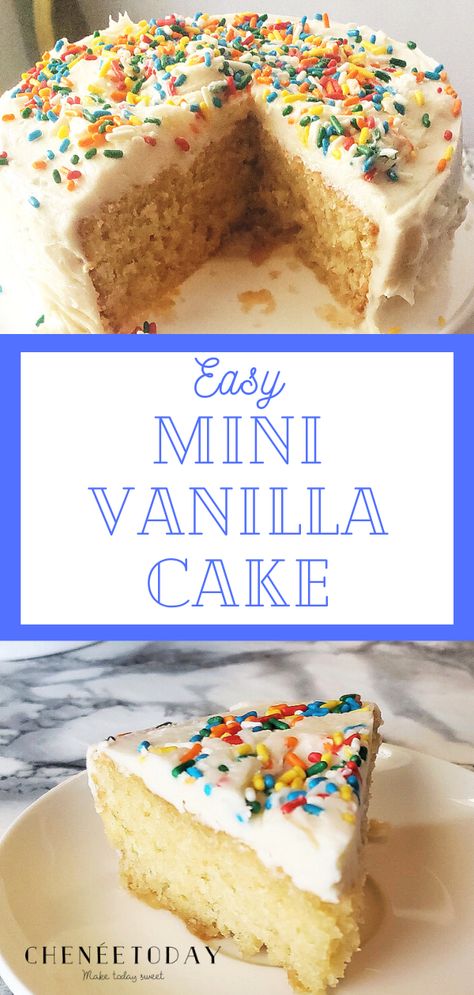 Simple easy recipe for a homemade small batch vanilla cake from scratch! How to make a moist mini vanilla cake in a 6 inch pan for a quick dessert for two or three people! Mini Birthday Cake For Him Easy, Mini Cake Recipe Vanilla, Healthy Mini Cake Recipes, How To Bake Vanilla Cake, Simple Vanilla Cake Recipe Homemade, Vanilla Mini Cake, Vanilla Cake For Two, Small Batch Birthday Cake, Small Vanilla Cake Recipe For Two