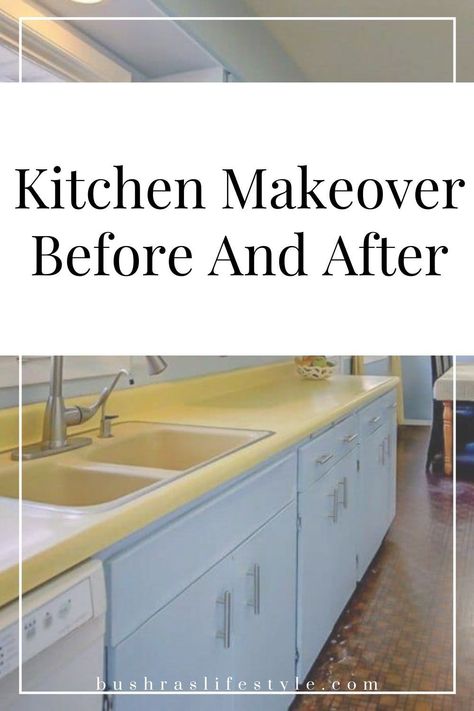 Kitchen makeover before and after. How to give your outdated kitchen a makeover. #kitchenmakeover #kitchenbeforeandafter Yellow Countertop Kitchen, Yellow Countertops, Ugly Kitchen, Outdated Kitchen, Before And After Kitchen, Laminate Cabinets, Painted Cabinets, Makeover Before And After, Starter Home