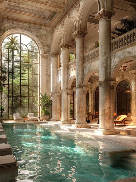 Beautiful Indoor Pool, Mansion Indoor Pool, Castle Pool, Roman Pool, Old Money House, Inside Pool, Indoor Pool Design, Private Swimming Pool, Piscina Interior