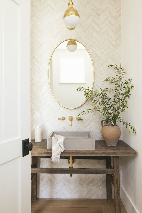 Herringbone Wall Tile, Concrete Vessel Sink, Herringbone Wall, Decor Studio, Cottage Bathroom, Powder Room Design, Downstairs Bathroom, Beautiful Bathrooms, Guest Bathroom