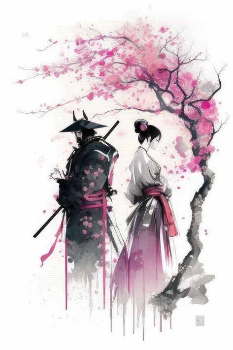 Bringing together the beauty of nature and the elegance of Japanese culture - this watercolor digital art depicts a timeless scene of a Geisha and Samurai under a blooming Sakura tree, inviting you to appreciate the harmony and balance found in the delicate intricacies of traditional Japanese art.  ... daha fazla Watercolor Japanese Art, Geisha And Samurai, Japanese Geisha Drawing, Japanese Geisha Tattoo, Simple Tattoo Ideas, Watercolor Japanese, Geisha Tattoo Design, Watercolor Digital Art, Japanese Art Samurai