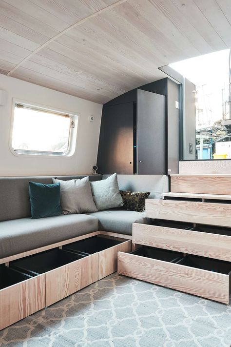 Photo 10 of 15 in 7 Must-See Houseboats You Can Buy Right Now - Dwell Living Room Furniture Diy, Blue Living Room Furniture, Narrowboat Interiors, Boat House Interior, Houseboat Living, Light Hardwood Floors, Boat Interior, Farmhouse Living Room, Tiny House Movement