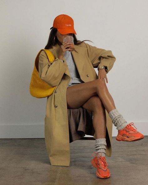 JULIE SARIÑANA (@sincerelyjules) • Instagram photos and videos Ny Winter Outfits, Orange Shoes Outfit, Long Haul Flight Outfit, Flight Outfit, Orange Sneakers, Fall Attire, Long Haul Flight, Orange Outfit, Beige Outfit