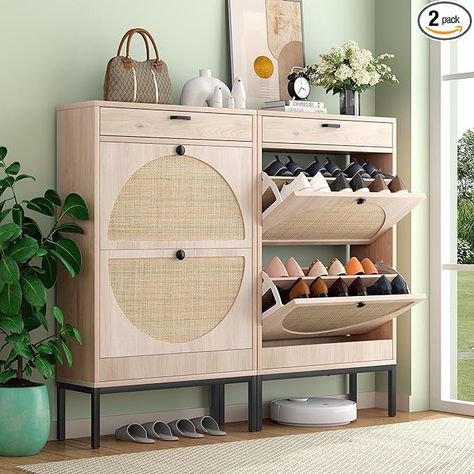 Amazon.com: Yechen Shoe Rack Storage Organizer with 2 Natural Semi-Circular Rattan Doors, Entryway Wooden Shoe Cabinet for Sneakers, Leather Shoes, High Heels, Slippers (2 Piece, Oak) : Home & Kitchen Shoe Stand Ideas, Shoe Racks, Wooden Console Table Design, Shoe Storage Cabinet Entryway, Shoe Rack Cabinet Design, Wooden Shoe Cabinet, Entry Storage, Console Table Design, Wooden Console Table