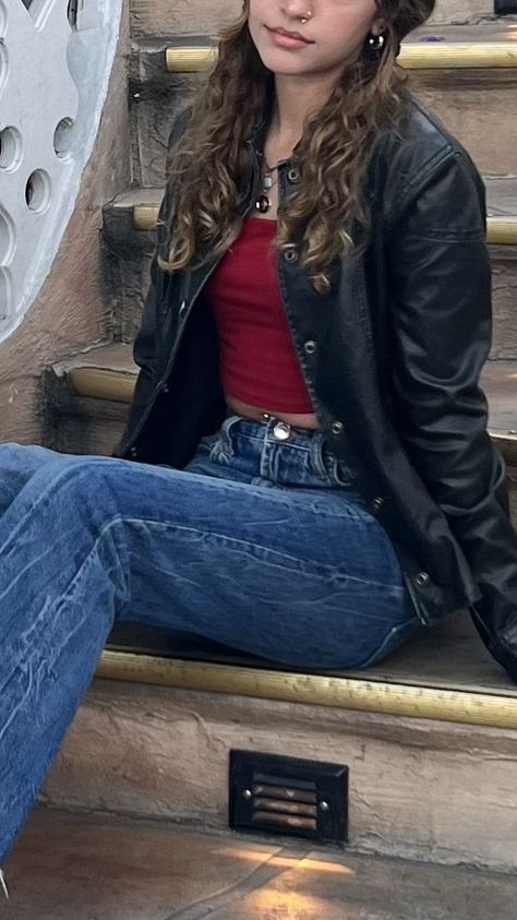 Black Leather Jacket With Red Top, Red Outfit With Jeans, Black Crop Jean Jacket Outfit, Outfits With A Black Leather Jacket, Red Tube Top Outfit With Jacket, Cropped Red Leather Jacket Outfit, Leather Jacket Outfit School, Outfits With Baggy Blue Jeans, Black Cropped Leather Jacket Outfit