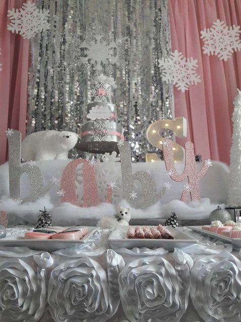 A snowflake is on the way Baby Shower Party Ideas | Photo 1 of 14 December Baby Shower Ideas, Snowflake Is On The Way, Winter Baby Shower Decorations, Pink Winter Wonderland, Winter Baby Shower Themes, Winter Onederland Birthday Party, Girl Shower Themes, Onederland Party, Winter Onederland Party