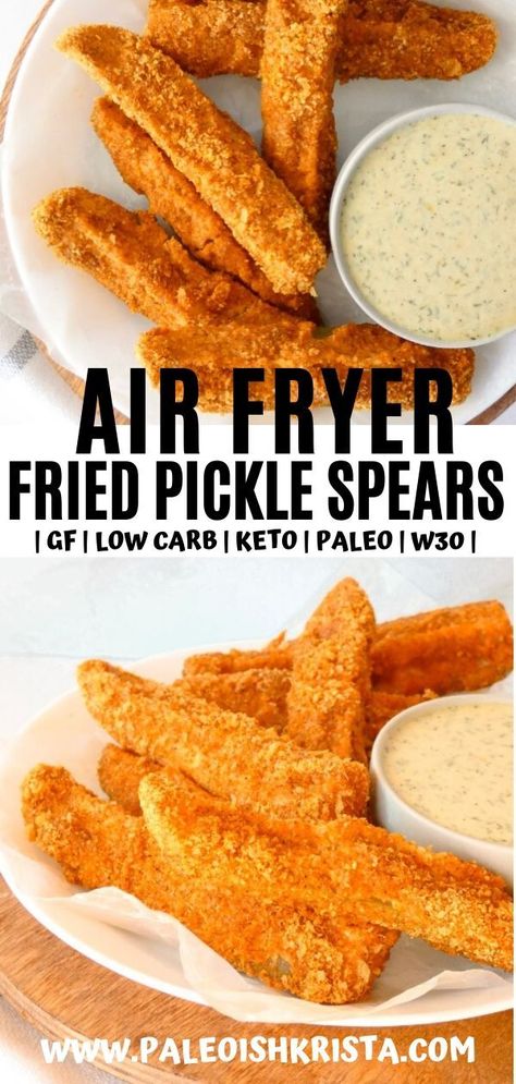 Dill pickle spears are coated in delicious almond flour breading before being "fried" to perfection in an air fryer! | #paleoishkrista #airfryer #friedpickles #glutenfree #keto #paleo #whole30 #ketoairfryerrecipes #airfryerrecipes #whole30recipes #pickles #ketorecipes #lowcarbsnacks #almondflourrecipes #healthyrecipes #ketosnacks #whole30snacks #gamedayfood #healthyappetizers #partyfood Veggie Appies, Fried Pickle Spears, Air Fryer Fried Pickles, Dill Pickle Spears, Pickle Spears, Whole 30 Snacks, Paleo Appetizers, Keto Sides, Fried Pickles