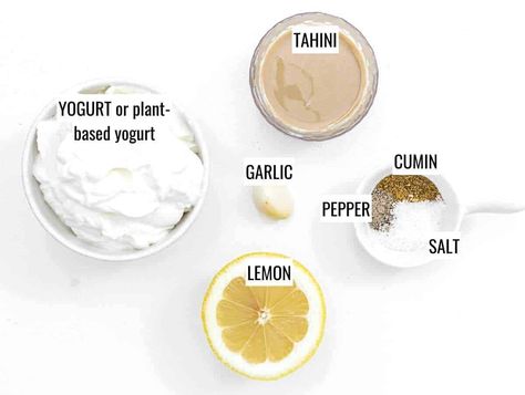 Tahini Yogurt Dressing, Tahini Yogurt Sauce, Yogurt Tahini Sauce, Microwave Sweet Potato, White Pizza Sauce, Plant Based School, High Fat Low Carb Recipes, Sandwich Sauces, Plant Based Yogurt