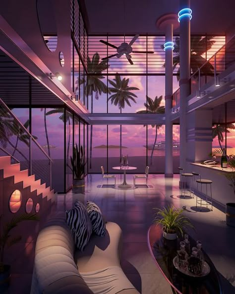 Retro Places, Bedroom Wall Ideas, Synthwave Neon, 80s Interior Design, 80s House, Aesthetic 80s, Dream House Aesthetic, 80s Stuff, 80s Home