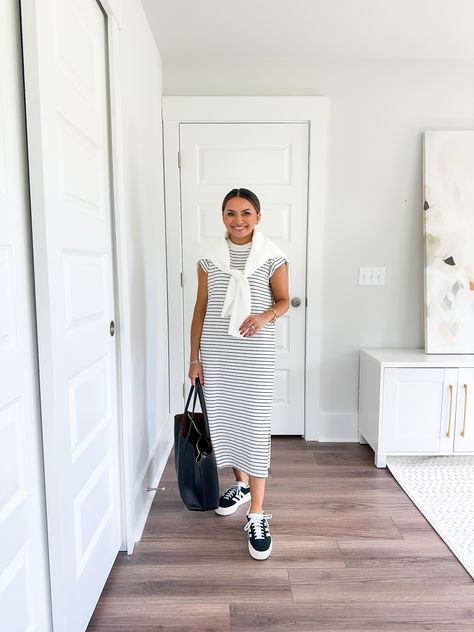 maxi dress / adidas / travel outfit / summer dress / airport outfit Dress Airport Outfit, Dress Travel Outfit, Black And White Stripe Dress, Travel Outfit Summer, Travel Dress, Summer Dress Outfits, Stripe Dress, White Striped Dress, Airport Outfit