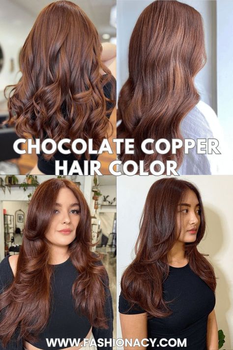 Chocolate Copper Hair Color Rich Chocolate Hair Color, Chocolate Red Hair, Chocolate Auburn Hair, New Hair Color Ideas, Chocolate Copper Hair, Ash Blonde Hair Balayage, Medium Brunette Hair, Copper Brown Hair Color, Copper Brown Hair