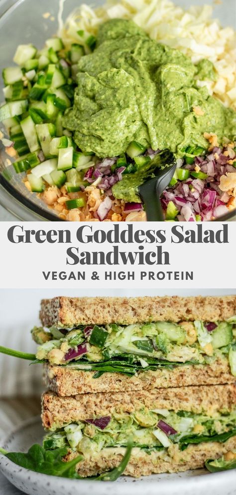 A spin on the TikTok Green Goddess Salad turned into a filling and delicious sandwich. Vegan, protein rich, and easy to prep for lunch. Green Goddess Salad, Goddess Salad, Tasty Vegetarian Recipes, Diet Vegetarian, Think Food, Salad Sandwich, Green Goddess, Vegan Protein, Vegan Dinner Recipes