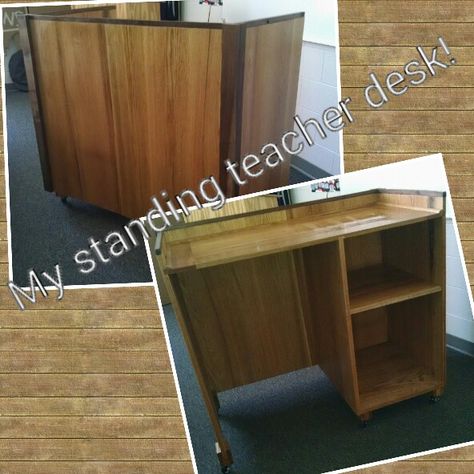 My new standing height teacher desk. It's awesome! Standing Teacher Desk, Classroom Podium, School Teacher Desk, Teacher Podium, Teacher Desk Organization, Teacher Storage, School Classroom Ideas, Science Room, Classroom Desk