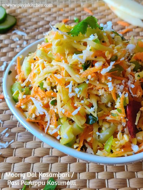 Kosumalli recipe | Kosumalli salad | Pasi Paruppu Kosumalli recipe Kosambari Recipe, Veg Salad Recipes, Indian Salad, Indian Salads, Lentil Salad Recipes, Spiced Lentils, Clean Meals, Cucumber Benefits, South Indian Style