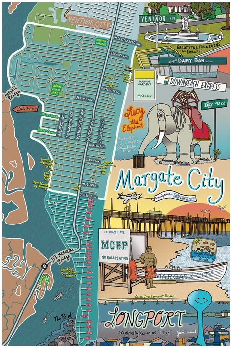 Map of Margate City and Longport, New Jersey (customization and framing options available) Margate Nj, Margate Beach, New Jersey Beach, New Jersey Beaches, Jersey Beach, Nj Beaches, Road Trip Car, Heart Icon, Beach Posters