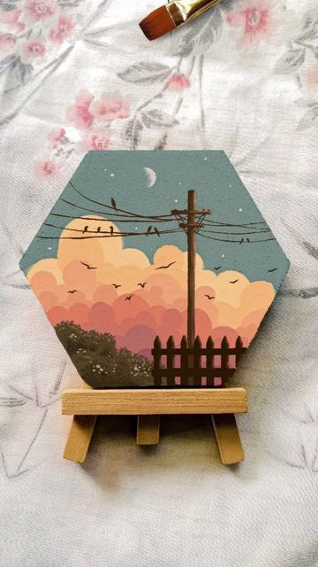 𝗮𝗻𝘁𝗼𝗻𝗲𝘁𝘁𝗲੭₎₎̊₊♡ on Instagram: "☁︎｡ﾟ☾ ﾟ｡⋆—a suburban sunset, btw, this mini hexagon cork board is so cute! #artreels #arttrends #artistsoninstagram #painting #aesthetics" Hexagon Cork Board, Painting Aesthetics, Hexagon Canvas, Boho Painting, Art Painting Tools, Beautiful Art Paintings, Simple Canvas Paintings, Easy Canvas Art, Acrylic Gouache