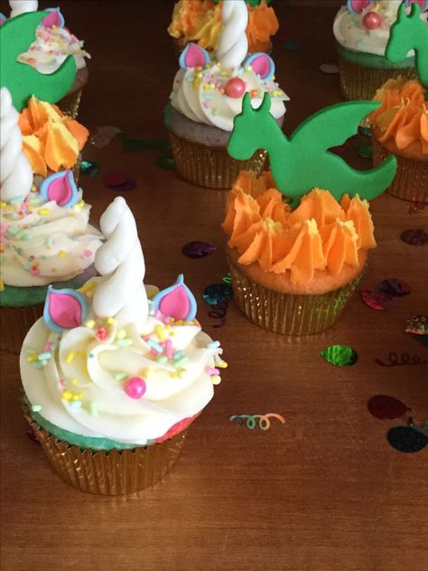 Unicorns & Dragons Cupcakes Mythical Creatures Birthday Cake, Mythical Birthday Party Ideas, Dragons And Unicorns Party, Magical Creatures Birthday Party, Dragon Unicorn Party, Unicorn Dragon Birthday Party, Princess And Dragon Birthday Party, Mythical Creatures Party, Unicorn And Dinosaur Party