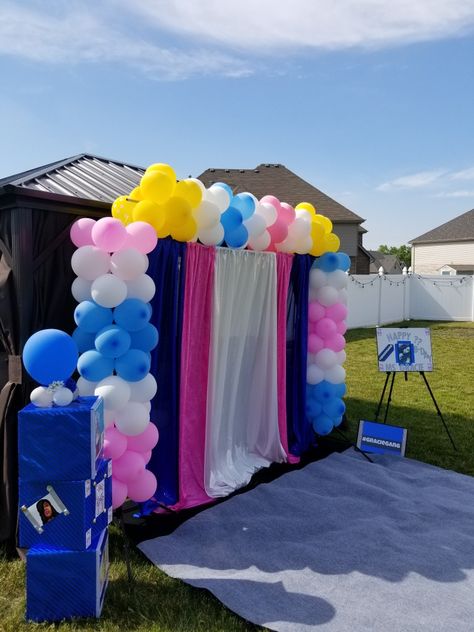 PLG Events DrapingBackdrop set-up with balloon column frame (pink, white, blue & yellow) Balloon Arch Pink, Frame Pink, Balloon Columns, Pink Blue Yellow, Balloon Arch, Set Up, Yellow Black, Blue Yellow, White Blue