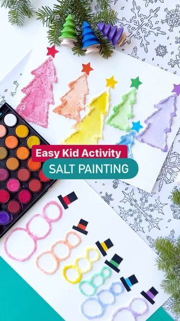 Salt Painting For Kids Christmas, Process Christmas Art Preschool, Christmas Salt Painting For Kids, Snowflake Salt Painting, Christmas Salt Painting, Salt Snowflake Art, Christmas Painting Activities, Salt And Watercolor Painting, Christmas Experiments For Kids