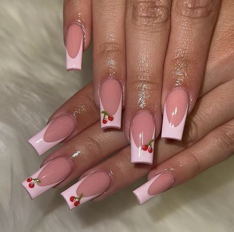 Feminine Acrylic Nail Designs, Pink French Tip Nails With Cherries, French Tip Acrylic Nails Cherry, Pink French Tip Cherry Nails, Cherry Design Acrylic Nails, Pink French Tip With Cherries, Cherry Acrylic Nail Designs, Light Pink Cherry Nails, Cherry On French Nails