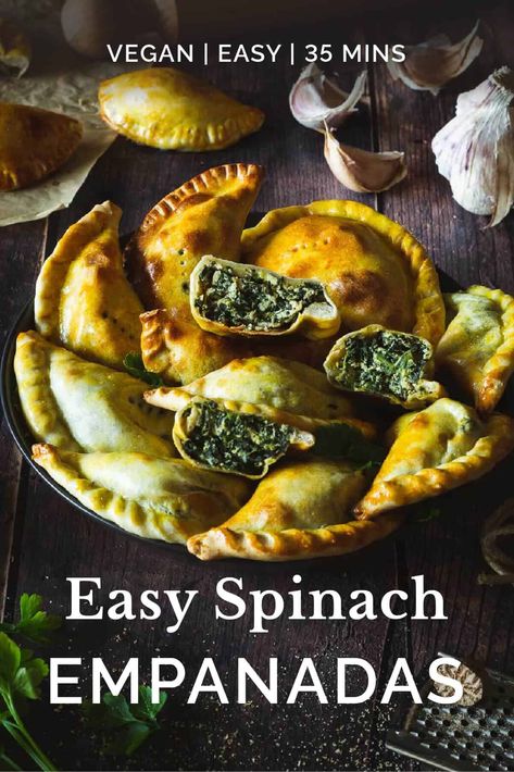 Flaky pie crust filled with fresh spinach, garlic, and vegan ricotta cheese. These Spinach and Cheese Empanadas are an easy dinner or appetizer recipe, and best served with fresh Chimichurri sauce! Spinach empanadas, turnovers, savory hand pies, spinach ricotta empanadas, vegan empanadas with spinach Spinach Empanadas, Veggie Empanadas, Cheese Empanadas Recipe, Vegan Ricotta Cheese, Vegan Empanadas, Vegetarian Empanadas, Cheese Empanadas, Hand Pies Savory, Comfort Meals