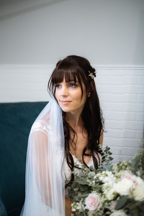 Wedding Fringe Hairstyles, Bride Hair With Fringe, Bridal Hair With Bangs And Veil, Bridal Hairstyles Bangs, Bride Hair Bangs, Bridal Hair With Bangs Long, Bridal Hair Fringe, Wedding Hair Down With Bangs, Wedding Hair Bangs Half Up