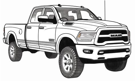 Semi Truck Coloring Pages Free Printable, Ram Truck Drawing, Pick Up Truck Drawing, Pickup Truck Drawing, Truck Drawings, Truck Drawing, Cars Black, Cars Coloring, Drawing Sheet