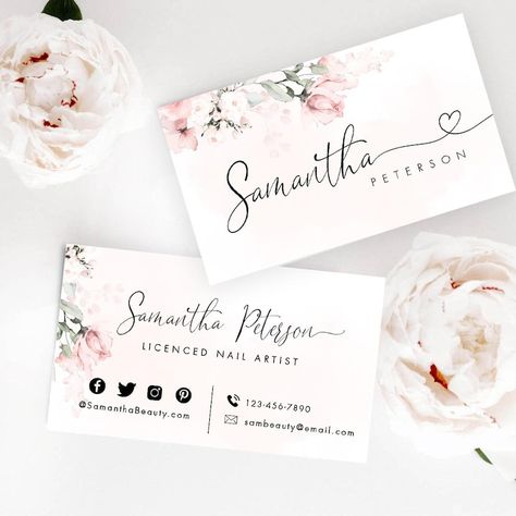 Editable Business Card, Feminine Business Card Template, Floral Watercolor Business Card, DIY Business Card, Template, Instant Download - Etsy Flower Shop Cards Ideas, Florist Cards Design, Business Card Template Free Printables, Flower Shop Business Card, Doodle Bee, Privilege Card, Flower Business Card, Pretty Business Cards, Business Card Diy