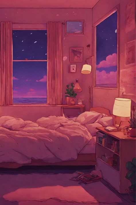 Digital illustration of a bedroom by the window. Lofi aesthetic. Lofi Aesthetic Room, Bedroom Background Night, Background Night, Bedroom Illustration, Lofi Aesthetic, Lo-fi Aesthetic, Bedroom Drawing, Bedroom Background, Cosy Room