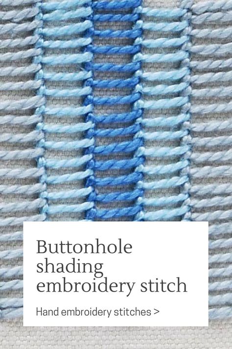 Buttonhole shading is a variation of the Blanket stitch for filling. The rows of dense Blanket stitches are applied one above the other to create a smooth filling of rows of vertical stitches. Buttonhole shading hand embroidery stitch is excellent for filling. Choose slightly different shades of the same color thread, and you will have a gradient filling. On the other hand, you can choose contrasting colors and create intriguing colorful patterns. Besides that, the rows of Blanket stitches can Shading Embroidery, Embroidery Stitch, Embroidery Motifs, Hand Embroidery Stitches, Blanket Stitch, Needle Art, Embroidery Stitches, Color Patterns, Fiber Art