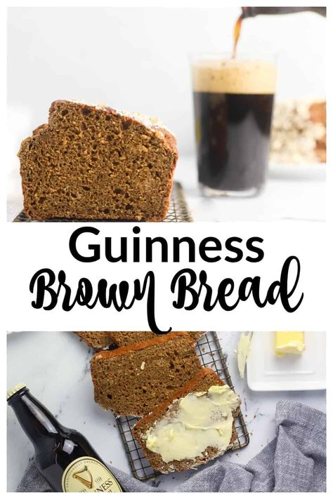 This Guinness bread recipe is simple to make, can be made mixing the dough with your hands. Sweetened with molasses, buttermilk, and topped with oats for texture. This Guinness brown bread, made from scratch, is quick to make and perfect for celebrating St. Patrick's day with! Guinness Brown Bread, Soda Bread Without Buttermilk, Bread Recipe No Yeast, Guinness Bread, Brown Bread Recipe, Chewy Bread, Irish Soda Bread Recipe, Irish Butter, Homemade Buttermilk