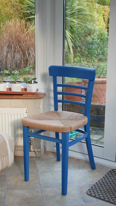 This was an old 60s/70s dining chair which I painted blue using (Cuprinol Garden Shades-Barleywood) I removed the seat which was padded plywood and created a rush seat. I found instructions on how to do this on a Youtube video and I purchased the rush fibre from a company in the US (Rockler) excellent price and service! I'm in the UK. I'm pleased with the result and it resides in my conservatory. Cuprinol Garden Shades, Chair Makeover, The Rush, Crete Greece, Greek Style, Shade Garden, Crete, Youtube Video, Dining Chair