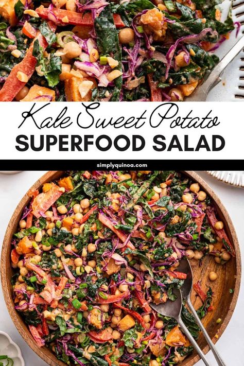 This kale sweet potato salad is a must-make salad for the summer! It pairs tender roasted sweet potatoes with kale and chickpeas, tossed in a creamy Thai almond butter dressing. It's high in fiber, high in protein, and so delicious. Kale And Chickpeas, Kale Sweet Potato Salad, Almond Butter Dressing, Kale Sweet Potato, Butter Dressing, Slow Cooker Vegetarian Chili, Sweet Potato Salad, Sweet Potato Kale, Easy Potato Salad