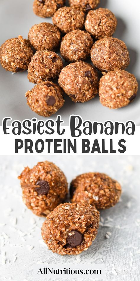 These incredible banana energy balls are the perfect healthy dessert when you need a quick boost of energy. This high protein dessert is both guilt and gluten-free for an afternoon snack you can feel good eating. #Snack #HighProtein Protein Balls Vanilla Protein Powder, Chocolate Premier Protein Recipes, Protein Powder Energy Balls, Banana Recipes Protein, Banana Protein Bites, Protein Balls With Protein Powder, Banana Protein Balls, Vanilla Protein Balls, Banana Protein Bars