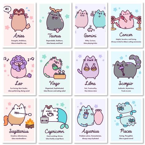 Astrology Sign Drawings, Zodiac Cute Art, Cat Zodiac Signs, Pusheen Zodiac Signs, Kawaii Cat Art, Kawaii Zodiac, Zodiac Cats, Zodiac Signs Animals, Zodiac Signs Pictures