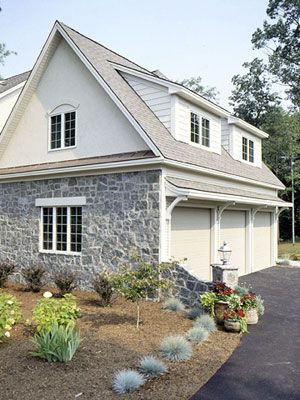 Garage with room above... Oh my I love the dormers & especially the little overhang roof deal! Shed Dormers On Side Of House, Gable Over Garage, Garage Dormers Ideas Exterior, Dormer Window Above Garage, Wide Dormer Window, Dormers Over Garage, Garage With Dormers, Adding Room Above Garage, Fake Dormers On Ranch House