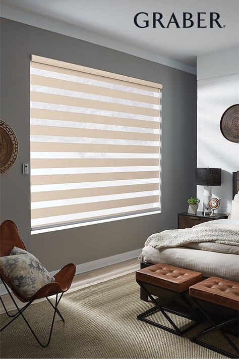 Upgrade your bedroom view with updated Graber Layered Shades. [Layered Shades: Heathered, Biscotti] Graber Blinds, Layered Shades, Bedroom View, Zebra Shades, Bedroom Views, Window Styles, Window Shades, Light Control, Diffused Light