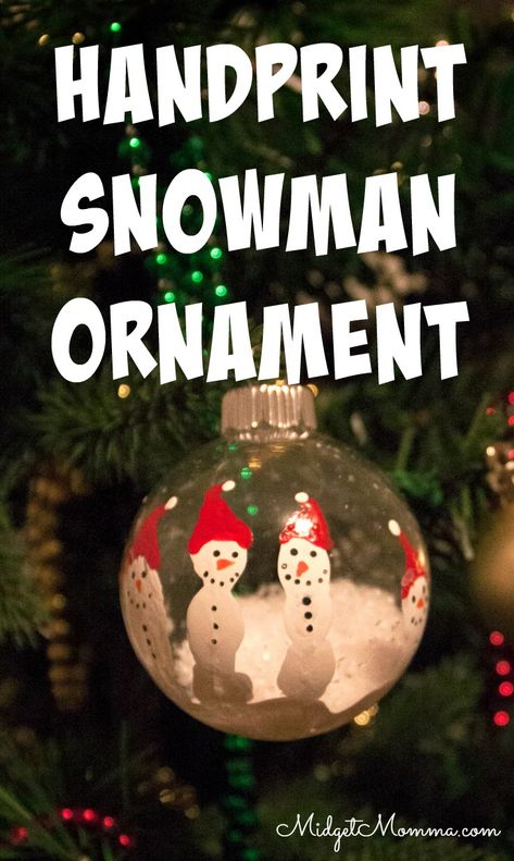 Handprint Snowman Ornament. Using kids hand prints and white paint you can easily make these Handprint Snowman Ornament keepsakes. Easy Diy Toddler Christmas Ornaments, Ornament Handprint Ideas, Toddler Handprint Christmas Ornaments, Ornament Ideas For Kids Easy Diy, Kids Bulb Ornaments Craft Ideas, Christmas Ornaments With Handprints, Diy Kids Christmas Ornaments Hand Prints, Diy Ornaments For Preschoolers, Craft Ornaments For Kids Easy Diy