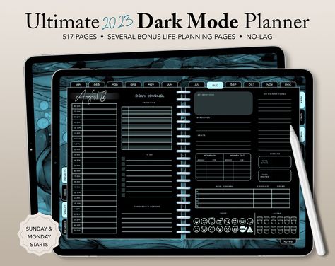 UNDATED Dark Mode Digital Planner, Journal for Goodnotes, Zoomnotes, Notability, Adobe, Xodo, Teal and Black, Dark Aesthetic, Black Planner - Etsy plannerspread #ultimatedigitalplanner. Black Dark Aesthetic, Goodnotes Ideas, Journal For Goodnotes, Black Planner, Digital Planner Ideas, Notes Plan, Black Journals, Planner Diy, Mom Planner