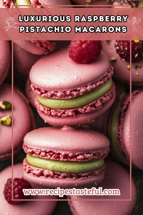 Indulge in these exquisite Luxurious Raspberry Pistachio Macarons featuring delicate almond shells, a tart raspberry jam filling, and a crunchy pistachio topping. Perfect for special occasions or an afternoon treat! Pistachio Raspberry Macaron, Raspberry Pistachio Macarons, Pistachio Macaron Filling, Macaron Filling Recipe, Pistachio Macaron, Tart Raspberry, Raspberry Pistachio, Macaron Filling, Macaron Cookies