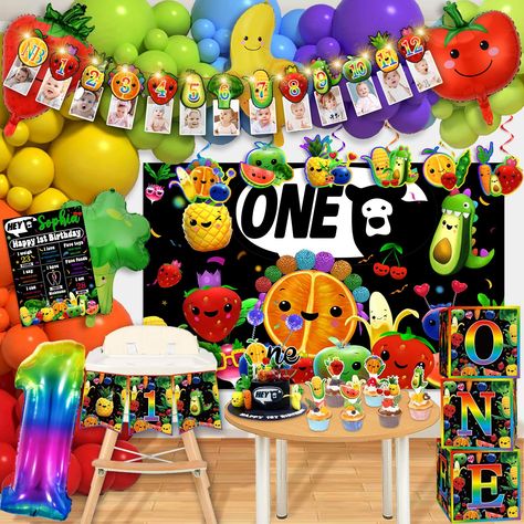 PRICES MAY VARY. fruit party supplies: hey bear birthday decorations include 1pc led light (batteries not included), 1pc birthday banner, 1pc highchair banner, 1pc cupcake topper, 1pc number foil balloon, 3pcs balloon boxes, 6pcs swirls, 12pcs cake topper, 4pcs fruit foil balloons, 90pcs latex color balloons, 1pc party backdrop, a roll of dot glue, a balloon chain, and a coil, these items can meet your baby's birthday needs dress up need high quality: fruit birthday decorations banners are made Hey Bear Decorations, Dancing Fruit Birthday Party, Hey Bear Birthday Party, Hey Bear Sensory Birthday Party, Fruit Balloons, Dancing Fruit, Fruit Party Decorations, Hey Bear, Balloon Boxes