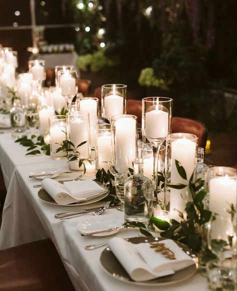 Candle Table Setting, Pillar Candle Centerpieces, Pillar Candles Wedding, Nyc Florist, Long Table Wedding, Wedding Candles Table, Candle Table Centerpieces, Arte Aesthetic, Floating Candle Centerpieces