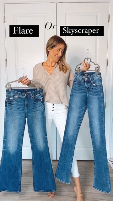 Aline | Lifestyle on Instagram: "Flare or skyscraper? Which one is your favorite? I am obsessed with the skyscraper fitting! Flattering and the best fitting for me! 🙌🏻 I am 5’9” and I am wearing a size 2 / Long - Fits tts. . . . . #expressyou #denimpants #ltkstyletip #casualchic #ltkunder100 #ltkworkwear #ltksalealert #workwear #fallstyle #falloutfits #blazerstyle #denimpants" Jeans Outfit For Work, Flare Jeans Outfit, Early Fall Outfits, Jeans Outfit Women, Stitch Fix Stylist, I Am Loving, Casual Work Outfit, Early Fall Outfit, Fall Outfits For Work