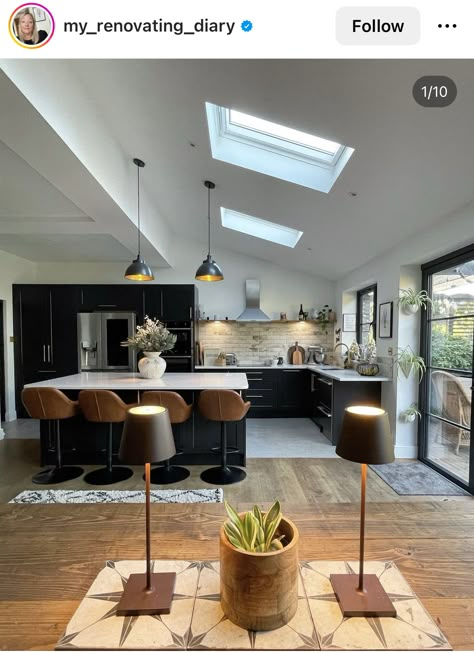 Living Room Brick Wall, Room Brick Wall, Beautiful Bungalows, Concrete Floor Tiles, Bungalow Inspiration, Kitchen Diner Family Room, Kitchen Diner Lounge, White Brick Tiles, Dormer Bungalow