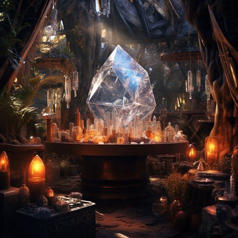 photograph magic restaurant, ether, high resolution, high quality, photorealistic, hyperealistic, detailed, crystals, quartz, potions, nature, fantasy Fairy Places, Crystal House, Magic Crystal, Crystals Quartz, Fantasy Pictures, Fantasy House, Sleepy Hollow, House Ideas, Concept Art