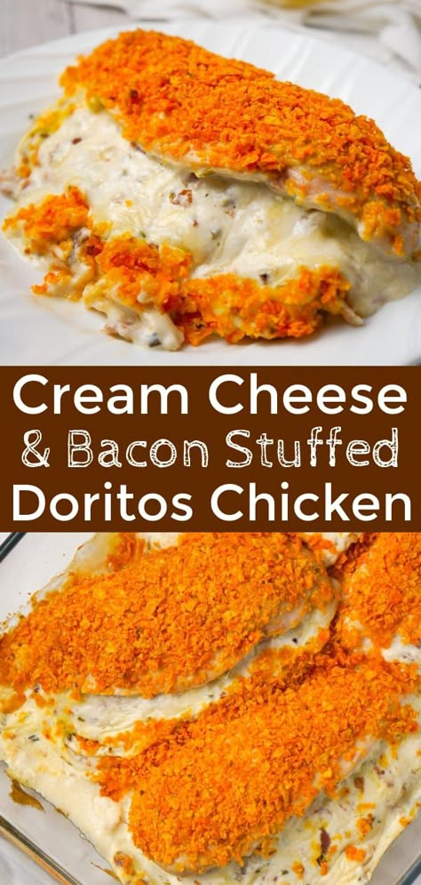 Cream Cheese and Bacon Stuffed Doritos Chicken - This is Not Diet Food Dinner September, Cream Of Bacon Soup, Stuffed Doritos, Chive And Onion Cream Cheese, Blackstone Ideas, Garbage Bread, Doritos Chicken, Dorito Chicken, Delicious Meatloaf